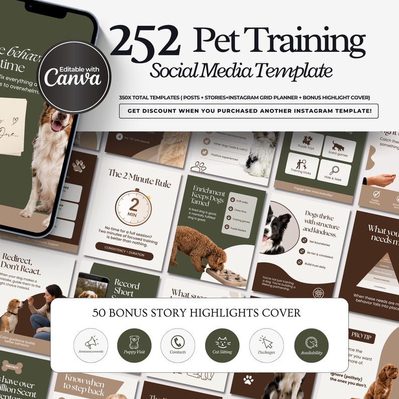 Modern dog Instagram templates featuring pet infographics, dog training tips, grooming and walking content, aesthetic posts, pet Facebook graphics, and UGC designs for pet shops, trainers, groomers, and dog walkers.