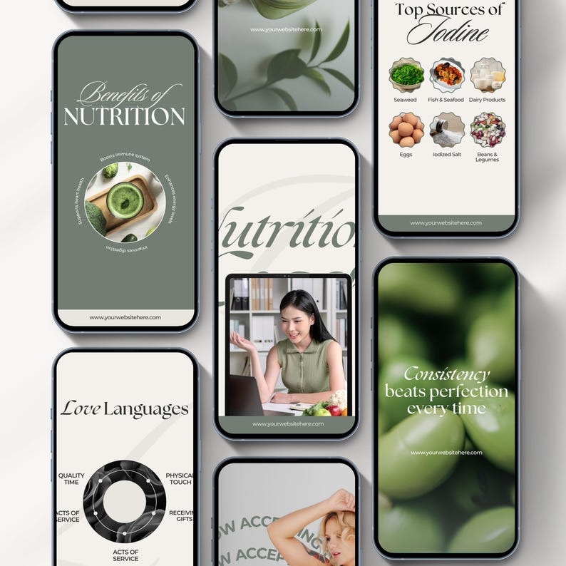 May include: A collage of nine phone screens with different lifestyle and wellness tips. The screens feature text about nutrition, love languages, consistency, and sources of iodine. The screens also feature images of food, plants, and people.