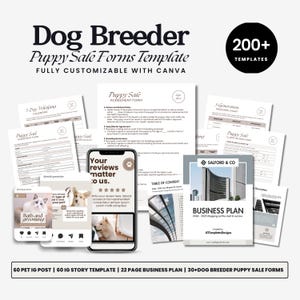 Hundezüchter Vertragsvereinbarung Vorlage, Welpen Verkauf & Adoptionsformen, Hundewelpen Charts/Aufzeichnungen, Welpen Bill of Sale, Anzahlungsbeleg CANVA