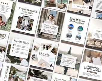 May include: A collage of Instagram posts promoting travel and tourism. The posts feature images of people traveling, scenic destinations, and tips for planning a trip. Some of the text on the posts includes "Create Beautiful Moments", "What's your go-to travel outfit?", "Best Winter Destinations", "Travel is the new luxury", "Packing Hacks", "Benefits of Choosing a Travel Agency", "How to Find Cheap Flights", "Seasonal Travel Guide", and "Winter Destinations".