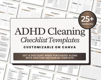 Pode incluir: Uma coleção de modelos de listas de verificação de limpeza de TDAH para impressão. O gráfico principal diz "ADHD Cleaning Checklist Templates" e "Customizable on Canva". A imagem inclui vários exemplos de horários de limpeza.