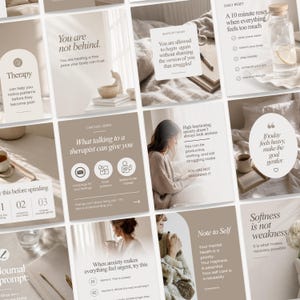 Peut inclure: Une collection de graphiques pour réseaux sociaux présentant une palette de couleurs beige et blanc neutre avec du texte inspirant, des conseils de santé mentale et des astuces bien-être. Les designs incluent typographie et icônes.