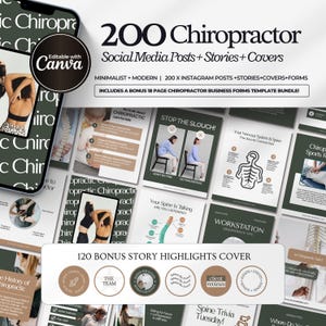 Op de afbeelding: Een digitale productbundel voor chiropractors, met 200 social media posts, stories en covers. Inclusief een bonus van 18 pagina's met sjablonen voor zakelijke formulieren. Het ontwerp is minimalistisch en modern.
