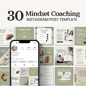 Könnte beinhalten: Eine Sammlung von 30 Instagram-Post-Vorlagen für Mindset-Coaching. Die Vorlagen haben ein grün-weißes Farbschema mit floralen Akzenten und Text, der Sätze wie "Mindset-Verschiebungen", "Treffen Sie Ihren Coach" und "Beginnen Sie Ihre Sitzung heute" enthält.