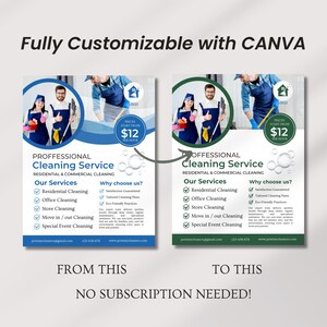 Editable cleaning business flyer template featuring residential and commercial cleaning services, professional company details, promotional offers, and a printable brochure design for cleaners and small businesses.
