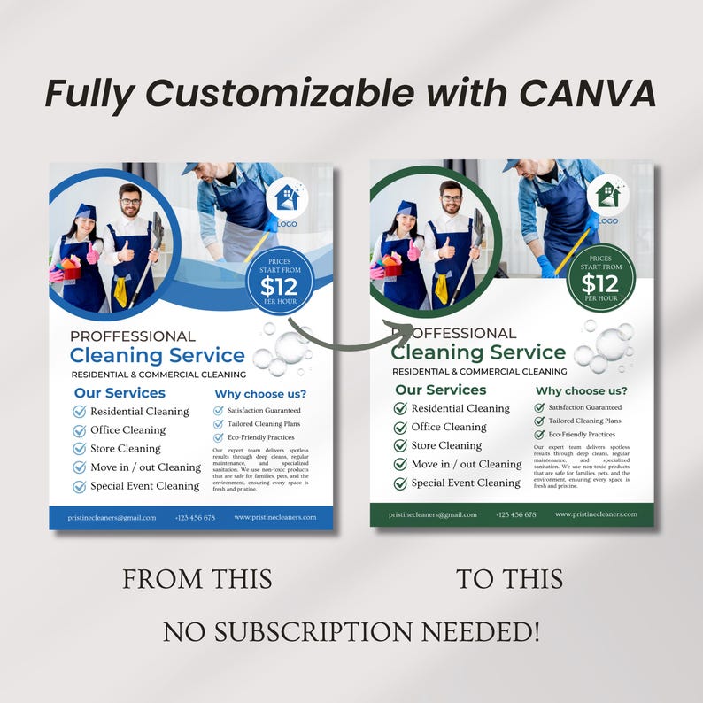 Editable cleaning business flyer template featuring residential and commercial cleaning services, professional company details, promotional offers, and a printable brochure design for cleaners and small businesses.