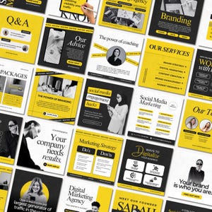 Editable digital marketing Instagram templates featuring agency posts, business carousels, social media management tips, coaching content, and professional designs for social media managers, coaches, and digital agencies.
