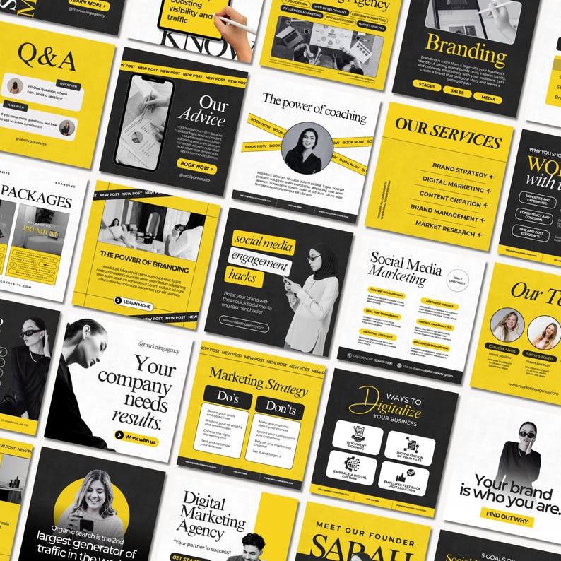 Editable digital marketing Instagram templates featuring agency posts, business carousels, social media management tips, coaching content, and professional designs for social media managers, coaches, and digital agencies.