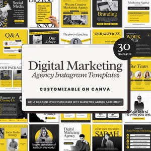 Editable digital marketing Instagram templates featuring agency posts, business carousels, social media management tips, coaching content, and professional designs for social media managers, coaches, and digital agencies.