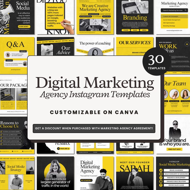Editable digital marketing Instagram templates featuring agency posts, business carousels, social media management tips, coaching content, and professional designs for social media managers, coaches, and digital agencies.