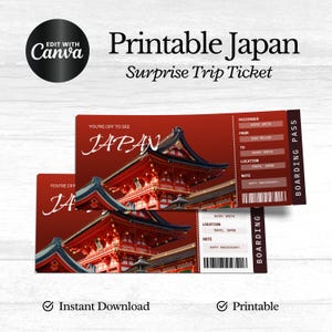 Japan Trip Surprise Gift Ticket, You&#39;re Going to JAPAN Printable, Flight, Boarding Pass, Editable, Instant Download Printable Canva Template