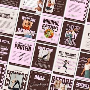 Editable fitness Instagram templates featuring nutrition tips, personal trainer posts, workout content, health coaching, and wellness designs for fitness coaches, trainers, and health professionals.