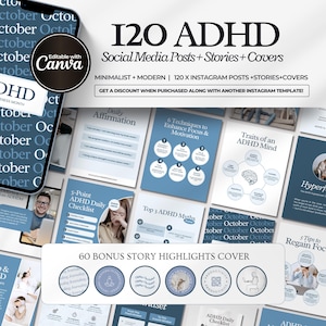 May include: A digital product for social media, featuring 120 ADHD-themed Instagram posts, stories, and covers. The design is minimalist and modern, with a blue and white colour scheme. Includes bonus story highlight covers. Text includes "October ADHD Awareness Month".