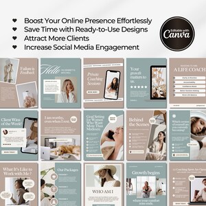 Editable life coach Instagram templates featuring mindset content, coaching posts, story designs, social media branding, and professional Canva layouts for coaches, therapists, and bloggers.