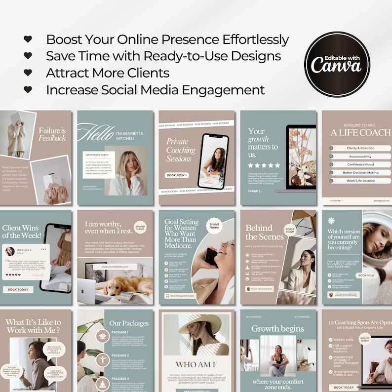 Editable life coach Instagram templates featuring mindset content, coaching posts, story designs, social media branding, and professional Canva layouts for coaches, therapists, and bloggers.