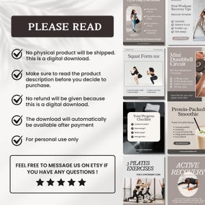May include: A digital download informational flyer featuring fitness content, including gym bag essentials, squat form, dumbbell circuits, protein smoothie recipes, and pilates exercises, with text stating PLEASE READ and details on usage.