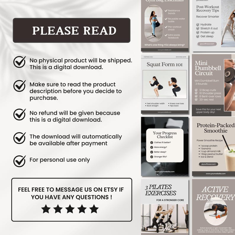May include: A digital download informational flyer featuring fitness content, including gym bag essentials, squat form, dumbbell circuits, protein smoothie recipes, and pilates exercises, with text stating PLEASE READ and details on usage.