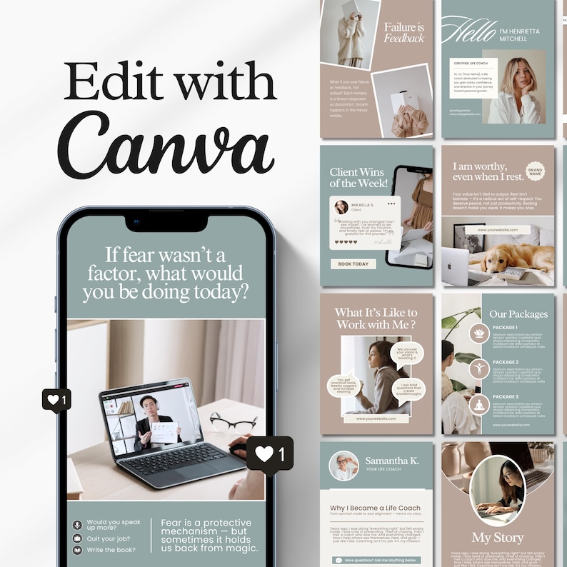 Editable life coach Instagram templates featuring mindset content, coaching posts, story designs, social media branding, and professional Canva layouts for coaches, therapists, and bloggers.