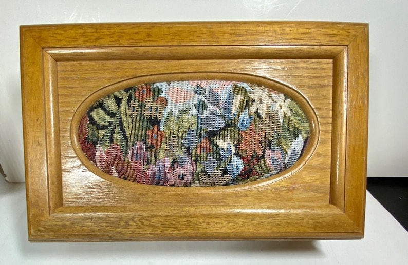 Vintage Jewelry box wood tapestry fabric valet