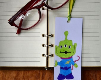 Little green alien Hand drawn bookmark. Toy Story