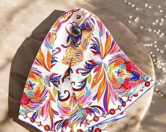 Square Scarf, Natural Silk Twill, Women&#39;s Scarves, Hooded Scarf, Colorful Print, Silk Shawl, Luxury Gift For Her