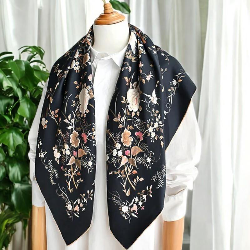 Natural Silk Scarf, For Her, Birds Print, Twill Silk Scarves, Luxury Bandana, Women Shawl, Birthday Gift, Square Large Scarves
