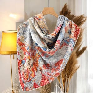 Large Square Scarf, Silk and Wool Scarves, For Women Wraps Shawl, Double side Printed Scarf, Trend Scarf, Hand Rolled Edges