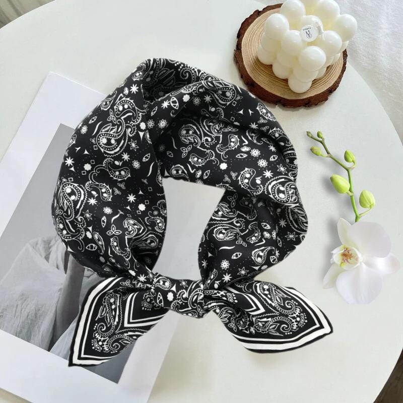 Silk Scarf, Luxury Scarf Square, For Her or Him, Silk Neckerchief, Red Scarf, Neck Scarf, Bag Accessory, Black Scarf, Unisex Holiday Gifts