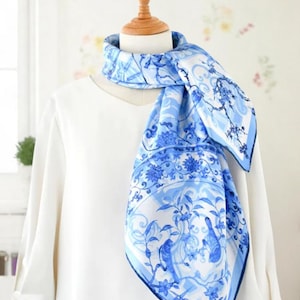 Blue Silk Scarf: Floral Bird Print, Twill Square Shawl