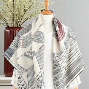 Beige Print Silk Scarf: Elegant Women&#39;s Shawl, Hand-Finished