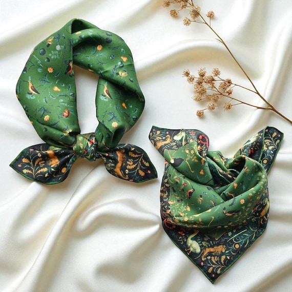 Green Silk Twill Scarf: Bird Print Shawl, Hair Bandana