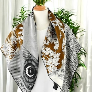Geometric Silk Scarf: Brown Patterned Shawl, Neck Bandana