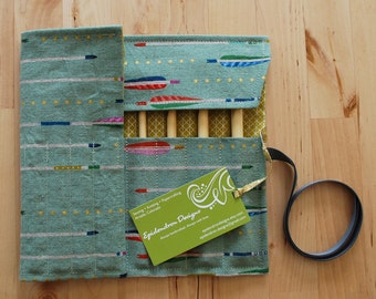Crochet Hook Case / Organizer / Holder - Arrows Fabric with Metallic Mustard Lining