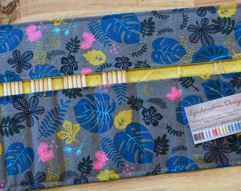 Double Pointed Needle DPN & Circular Needle Organizer / Case / Holder - Tropical Leaves with Yellow Lining - Knitting Storage