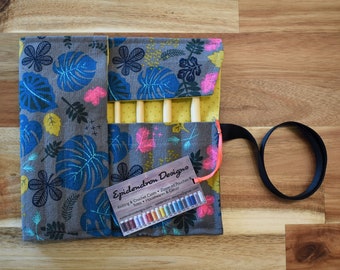 Crochet Hook Case / Organizer / Holder for Standard or Ergonomic Hooks - Tropical Leaves with Yellow Lining - Crochet Storage