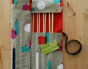 Straight Knitting Needle Case / Organizer / Holder - Colorful Candles Fabric with Red Lining - Knitting Storage