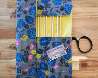 Straight Knitting Needle Case / Organizer / Holder - Tropical Leaves with Yellow Lining - Knitting Storage