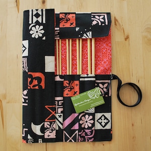 Straight Knitting Needle Case / Organizer / Holder - Tiles Fabric with Red & Pink Tiles Lining - Knitting Storage