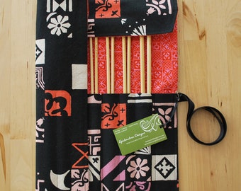 Straight Knitting Needle Case / Organizer / Holder - Tiles Fabric with Red & Pink Tiles Lining - Knitting Storage