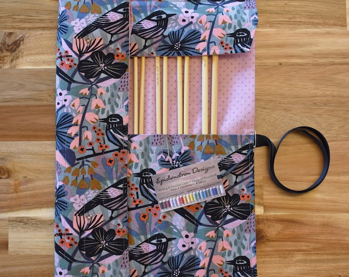 Straight Knitting Needle Case / Organizer / Holder - Birds and Flowers with Lavender Lining - Knitting Storage
