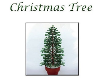 May include: An image showing a beaded Christmas tree in a red pot against a white backdrop. The tree is green with a brown trunk. The words "Tutorial" and "Christmas Tree" are written in green.