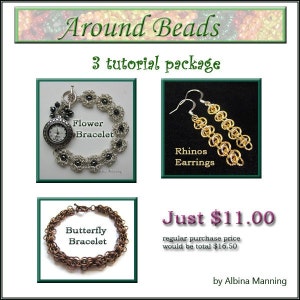 May include: An advertisement for Around Beads featuring three jewelry tutorials. The image showcases a Flower Bracelet with a watch, Rhinos Earrings, and a Butterfly Bracelet. Text includes "3 tutorial package" and "Just $11.00".