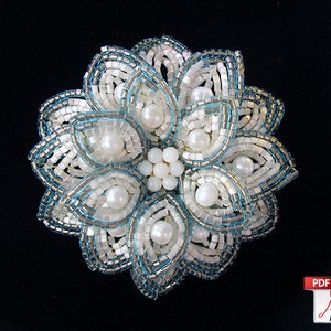 May include: A white and blue beaded flower brooch with a pearl center. The flower is made of small, round beads and has a delicate, feminine design.