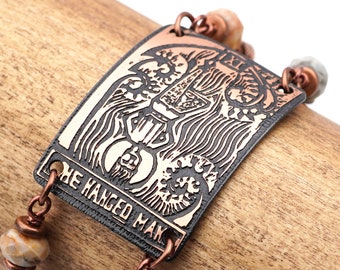 The Hanged Man tarot card bracelet, pastel earthtone Venus jasper, etched copper major arcana, 7 1/2 inches long, fits 6 1/4 inch wrist