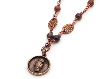 Copper owl necklace with fossilized wood beads and chain, brown earth tones stone, 21 inches long