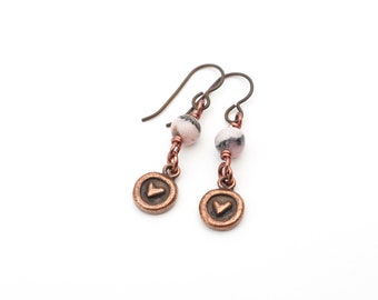 Dainty copper heart charm earrings, pink rhodochrosite beads, 1 5/8 inches long