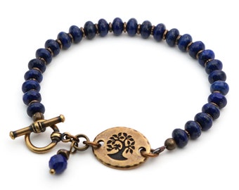 Blue tree bracelet, lapis beads, semiprecious stone and brass, 8 inches long, fits 6 3/4 inch wrist