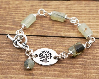 Silver tree bracelet, light green semiprecious stone beads, fits 5 3/4 inch wrist, 7 inches long