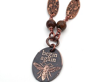 Copper Begin Again necklace with brown pietersite beads, bee jewelry, etched copper, 21 1/4 inches long