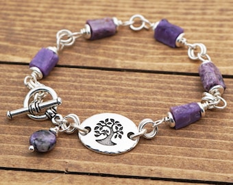 Purple stone tree bracelet, charoite semiprecious stone beads, forest love, fits 6 1/2 inch wrist, 7 3/4 inches long